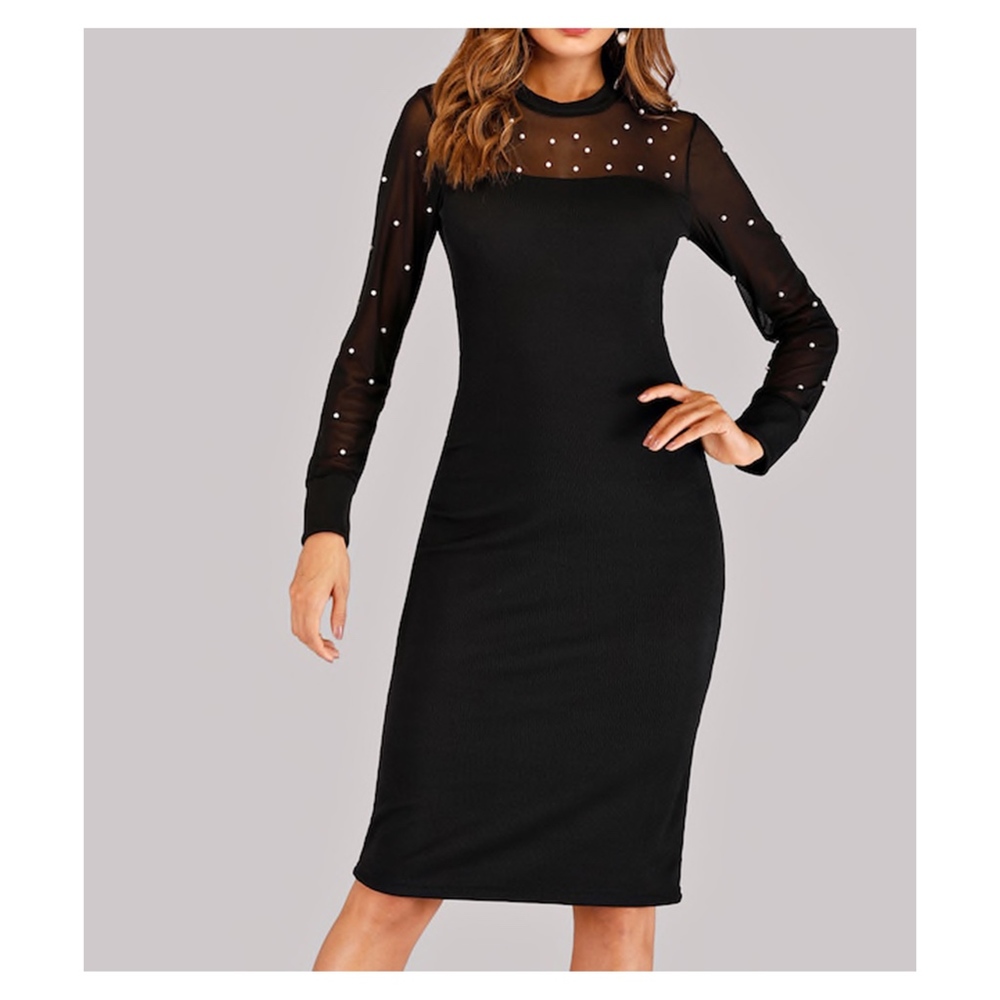 Black Mesh Faux Pearl Embellished Midi Dress - Picture 5 of 8